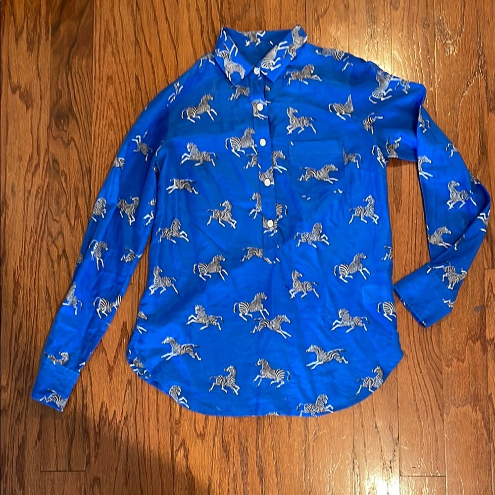 Blue Button-Up Shirt with Zebra Print
